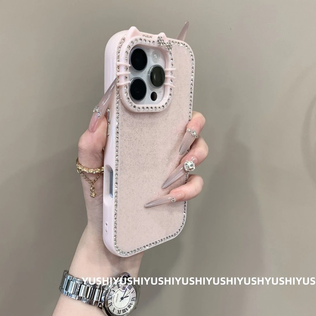 高颜值闪钻猫咪镜头适用iPhone16promax手机壳15pro个性14防摔13