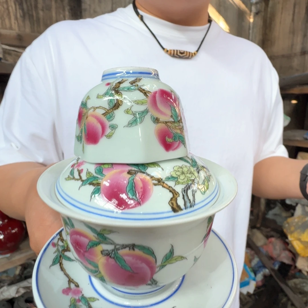 碗景德镇高温陶瓷粉桃盖碗加杯