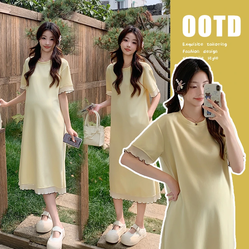 夏装2025孕妇新款韩版温柔风显瘦遮肉气质休闲设计中长款连衣裙