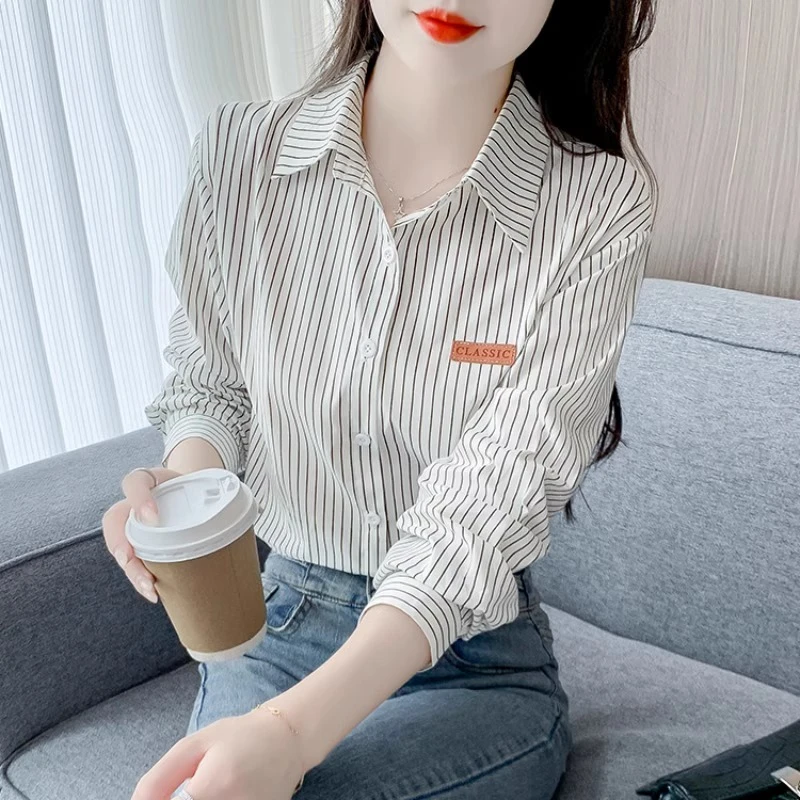 锡特帕第条纹纯棉衬衫女士春秋季新款上衣职业小衫高级感长袖衬衣