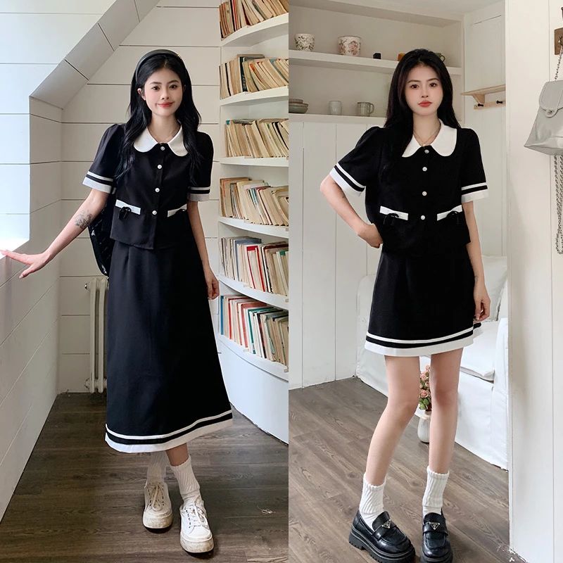 2025夏季大码减龄学院风茶歇法式复古显瘦上衣半身裙小香时尚套装