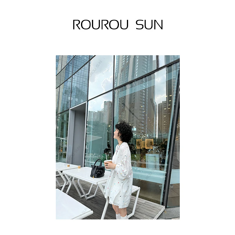 27267设计百搭罗纹收口侧开叉彩色波点T恤上衣女