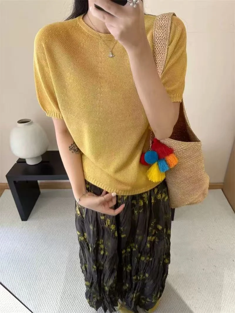 /一线成衣/ 必入蜜蜡黄！百搭多巴胺短袖针织衫衣长58 胸围50 DP01