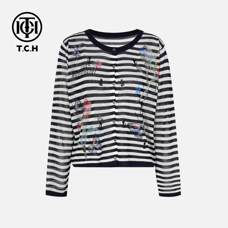 TCH烫钻工艺时尚蝴蝶花瓣元素针织开衫女T75C43E5020轻奢tch