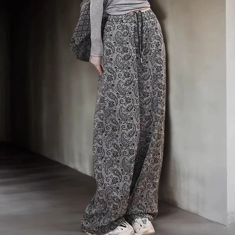 【原版正版】新1复古印花休闲裤女夏季新款显瘦气质百搭直筒阔腿裤