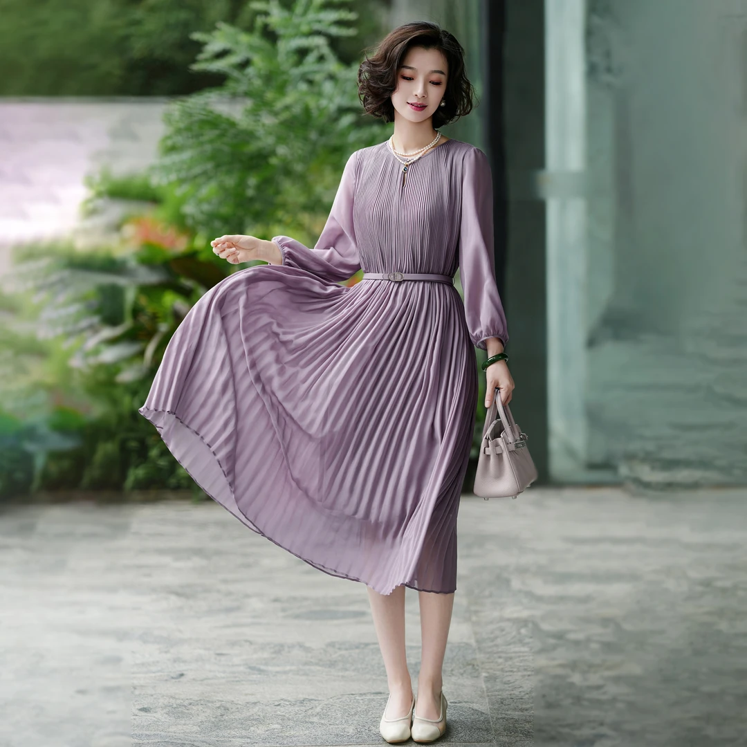 西子/【风琴】法式重工高密压褶收腰层次感紫色百褶连衣裙/CQHJ022