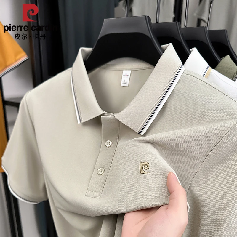 皮尔卡丹高级感刺绣短袖POLO衫男士夏季薄款桑蚕丝休闲运动T恤衫