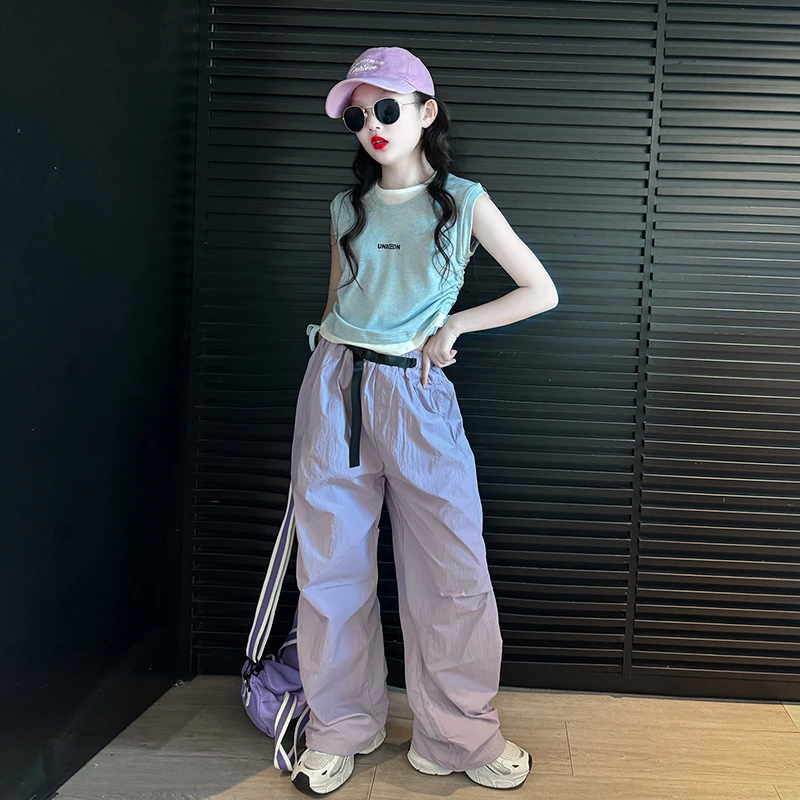 女童工装裤夏薄款2025新款儿童紫色裤子网红女大童又酷又飒的夏装