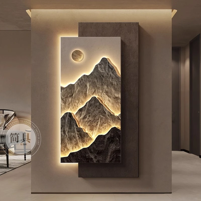 《背有靠山》玄关装饰画轻奢山水走廊过道挂画高级入户正对门壁灯画