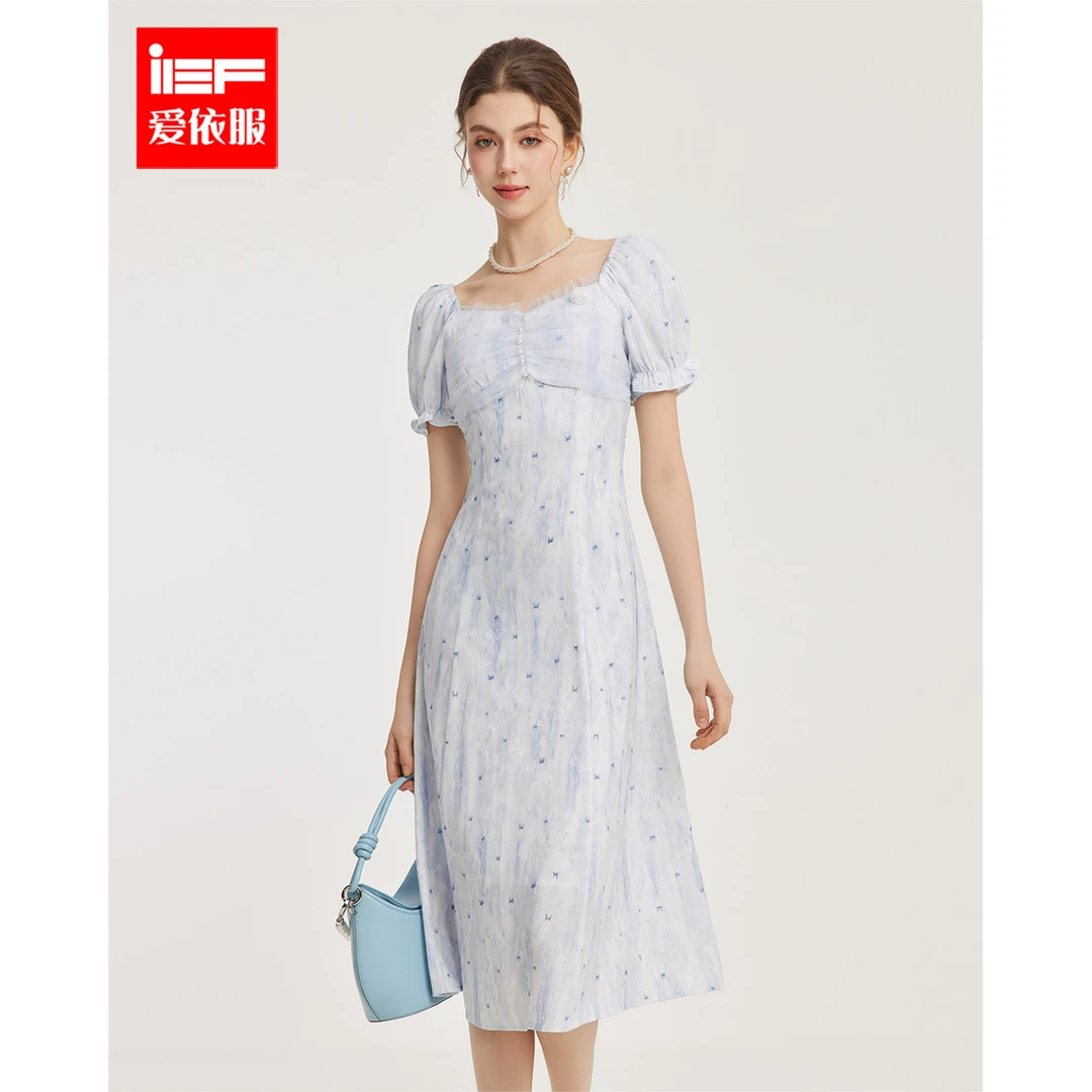 IEF/爱依服连衣裙2025春季新款气质感方领设计碎花连衣长裙欧若风