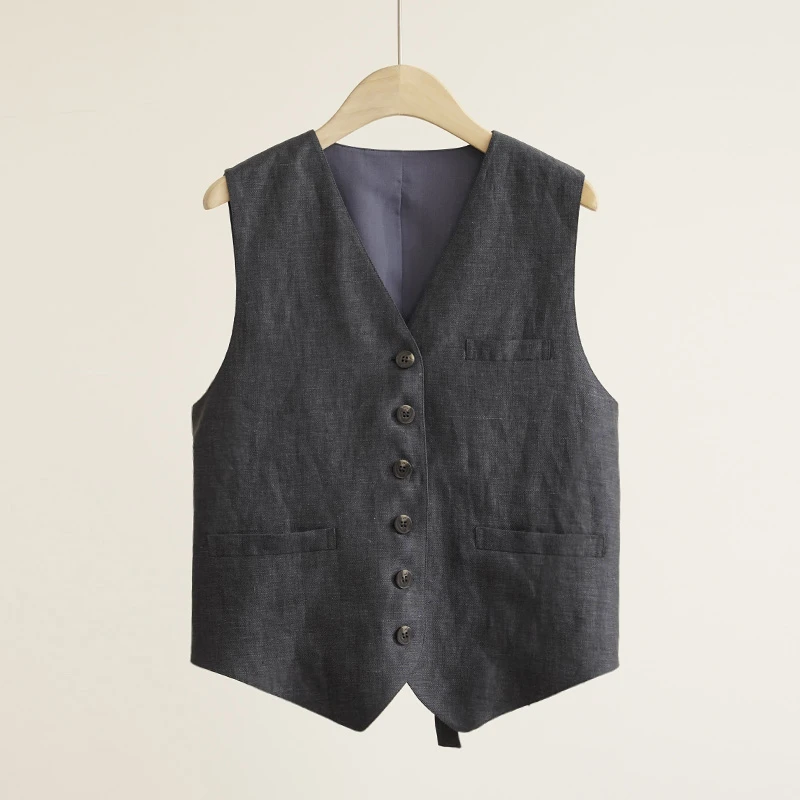 【北鱼专属】天青灰100亚麻复古西装马甲背心女士马甲（250631）
