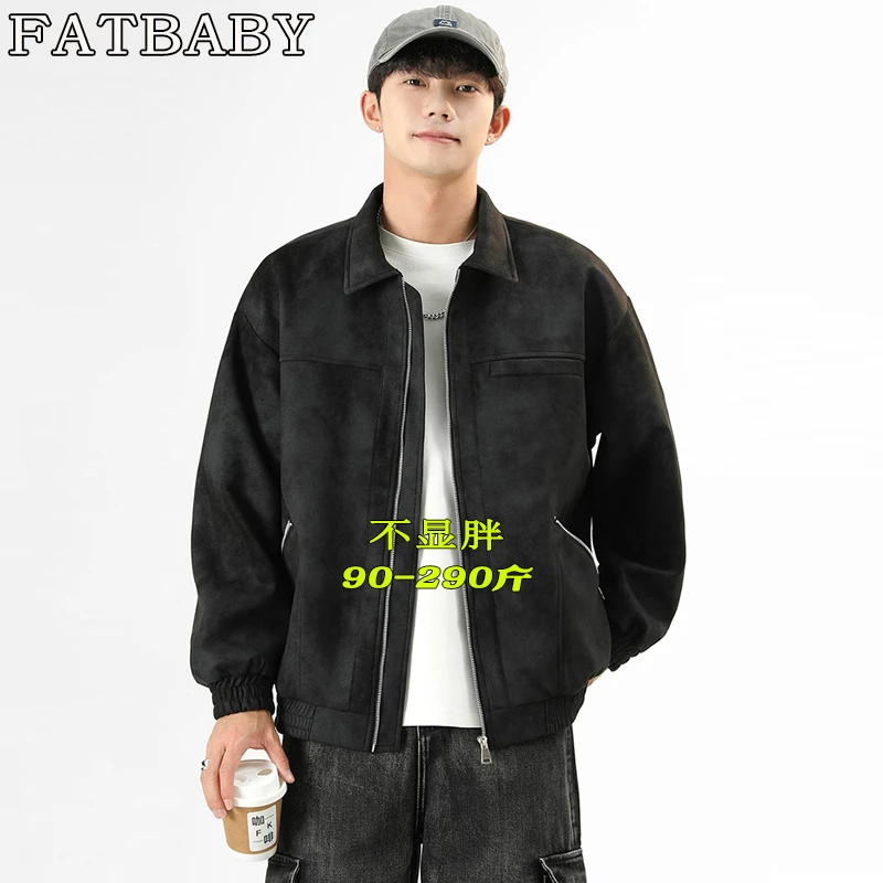 秋季美式复古潮流纯色痞帅抗皱亲肤大码男士翻领加肥潮流夹克外衣