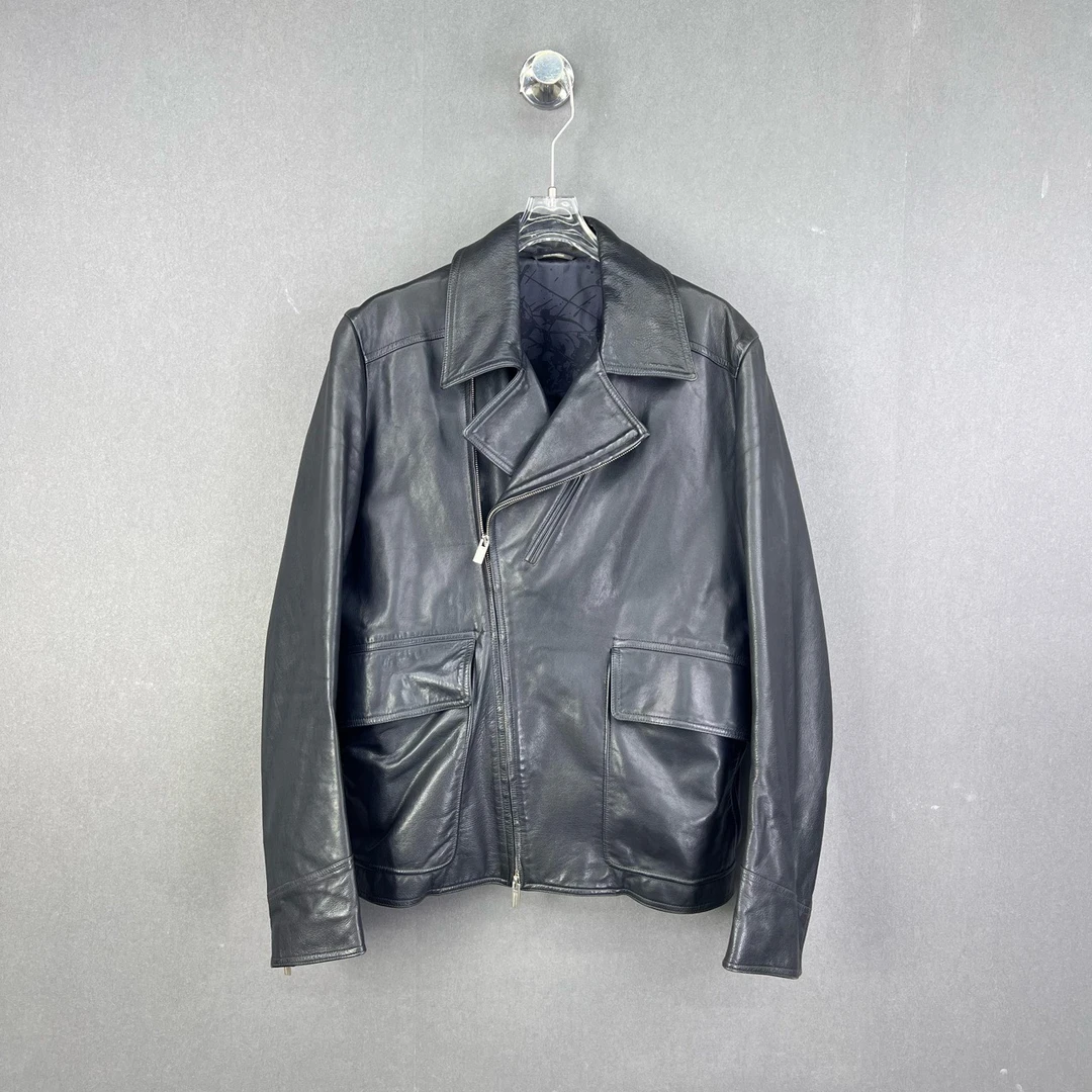 99新 Hermes/爱马仕 50码/黑色皮机车骑士皮衣夹克外套/12262029