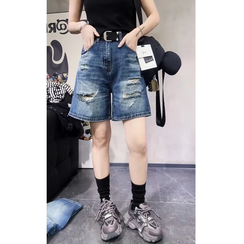 牛仔裤女2025年春季新款爆款裤子显瘦时尚蓝色阔腿裤宽松破洞短裤