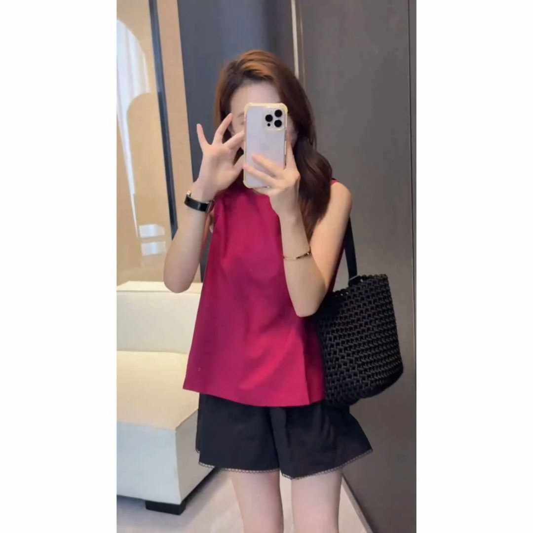 parkyeon洋气多巴胺玫红色无袖衬衫娃娃衫上衣搭配花边短裤套装