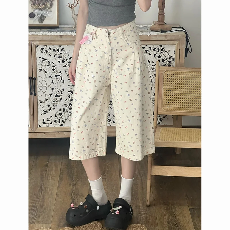 设计感碎花七分牛仔裤女2025夏季新款设计感高腰宽松显瘦阔腿中裤
