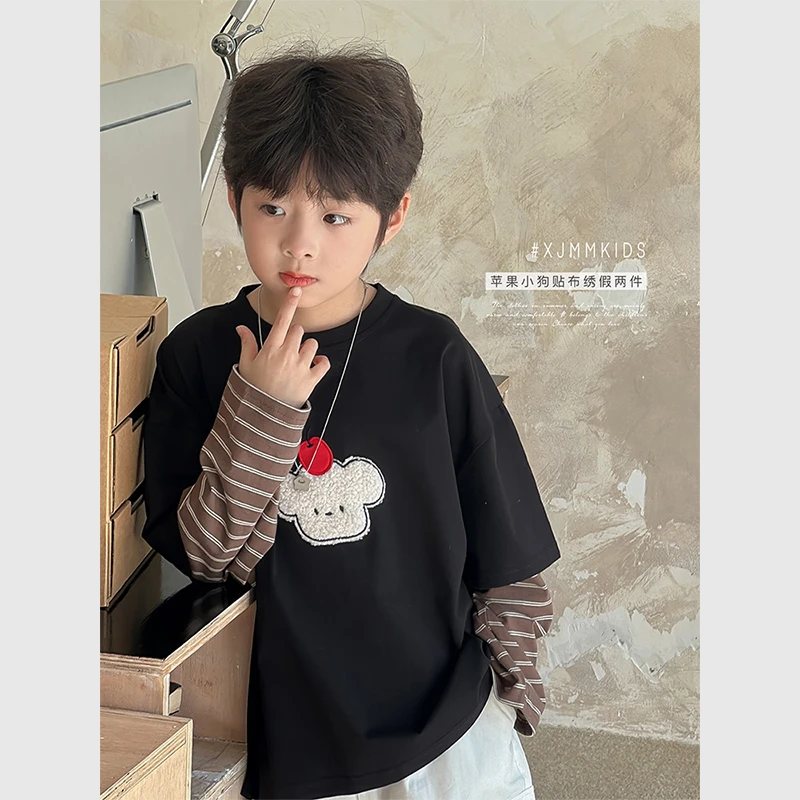 虾酱麻麻男童假两件长袖t恤春秋装2025新款黑色纯棉格子儿童上衣