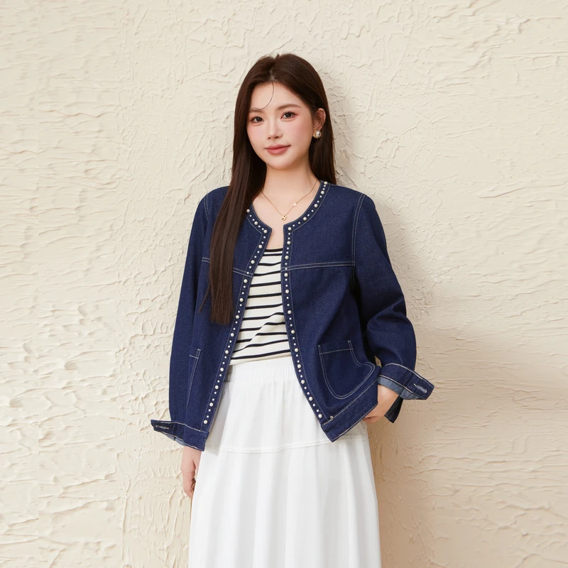 采多宝大码女装秋季新款重工钉珠明线宽松显瘦牛仔薄外套 EDW5720