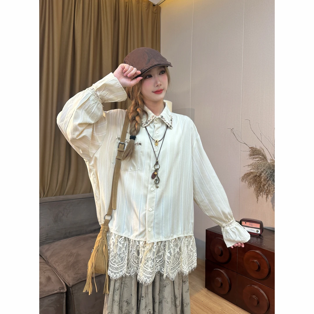 VGVL衬衫【心动】春季新款小众设计感蕾丝错色拼接花边衬衫女-思晴