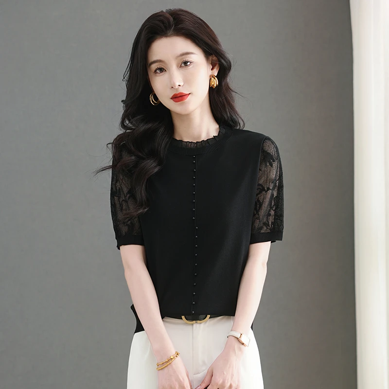 蕾丝冰丝圆领短袖t恤女士夏装2025新款女装薄款半袖镂空钉珠上衣