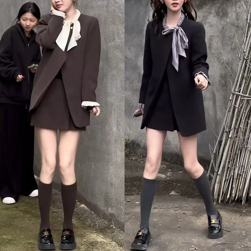 2025年新款秋冬穿搭时尚百搭圆领系带西装外套高腰短裙两件套装