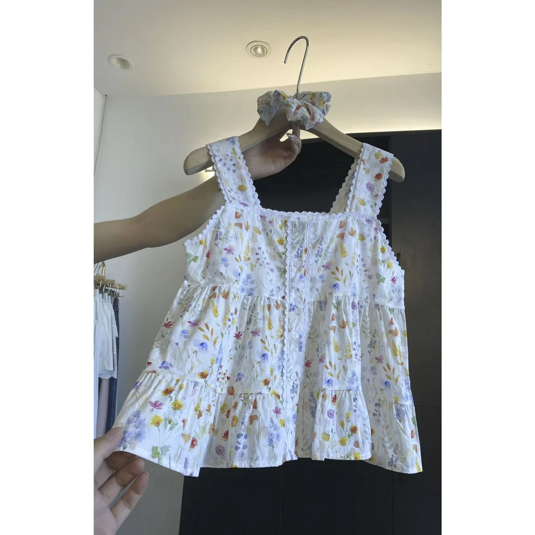 璎婲sᴀᴋᴜʀᴀ【花酿落日】岚韩版方领减龄甜美碎花单排扣配发圈衬衫