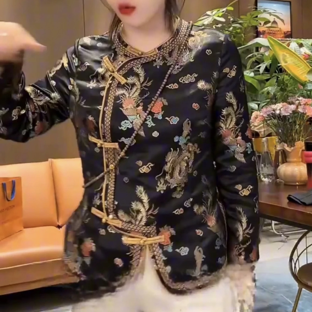 印花外衣提花衬衫长袖汉服烫钻花色秋冬洋气显瘦有内衬龙凤呈祥女