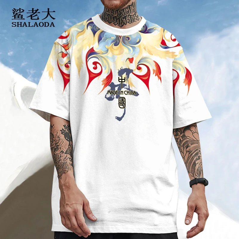 ins国潮短袖T恤男夏季薄款落肩印花半袖大码加肥青少年休闲体恤衫