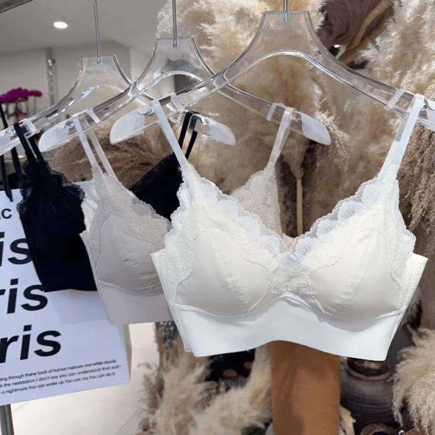 2025新款法式三角一体固定杯v领蕾丝美背内衣