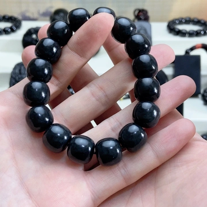 未镶嵌手链和田玉（墨玉）和田玉墨玉卡14老型手串聚墨青花