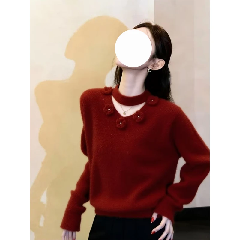 大码新年红色氛围感立体花朵毛衣设计感显瘦洋气跨年巨好看针织衫