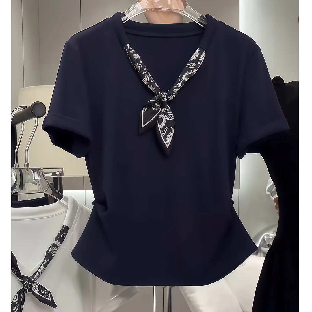 2025百搭新款韩版设计感丝巾V领短袖女洋气减龄气质轻奢显瘦上衣