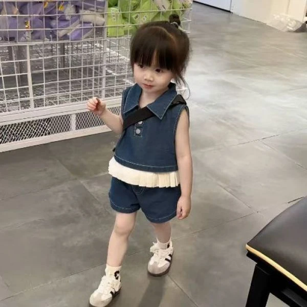 2025夏季女童牛仔背心半裙套装女宝宝纽扣吊带木耳边裙子两件套潮