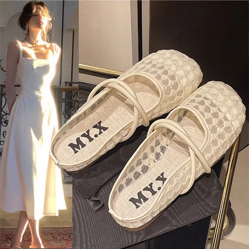 网纱透气包头半拖鞋女2025新款夏季外穿时尚平底法式玛丽珍凉拖潮