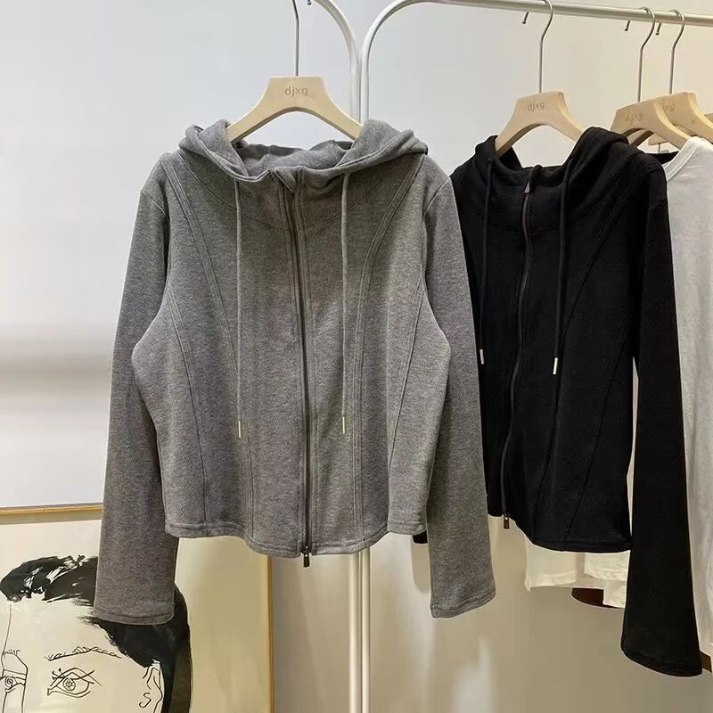 洋气时髦百搭修身显瘦帽衫拼接拉链开衫dj卫衣女春季新款短款外套