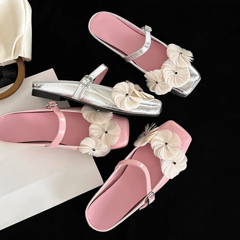 花朵凉拖鞋女外穿夏季平底鞋仙女风小众法式半拖鞋一字带凉鞋拖鞋