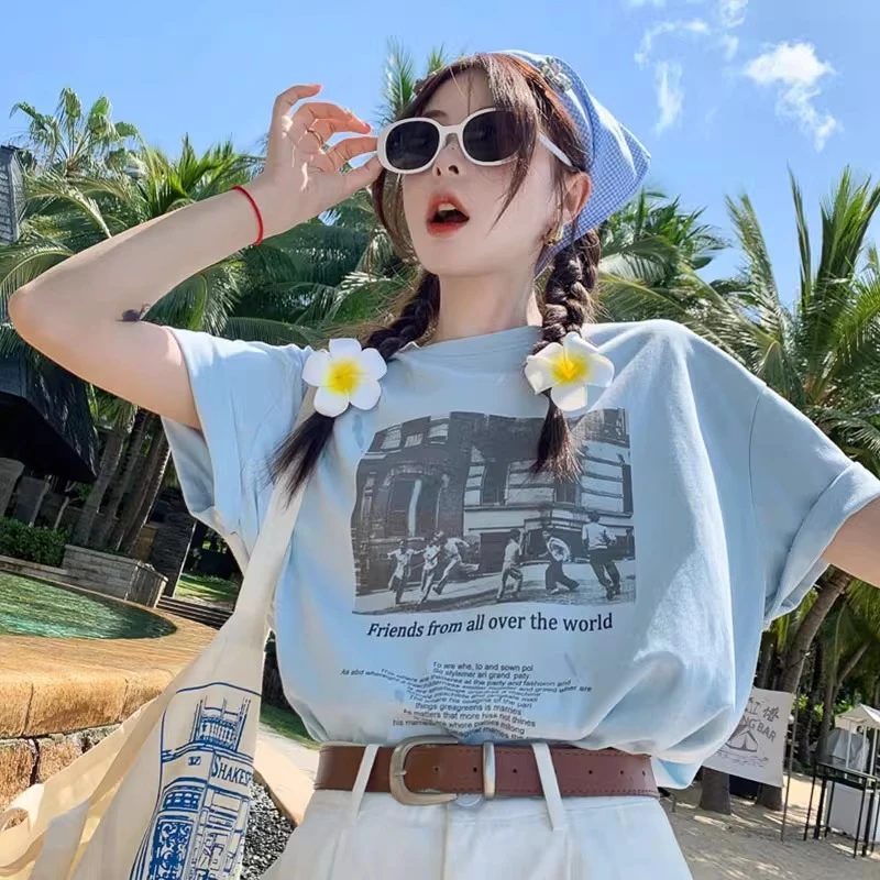 蓝色美式短袖T恤女装宽松2025新款半袖体恤设计感独特夏季小上衣