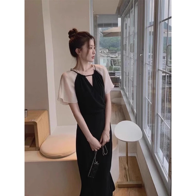 欧洲站夏季2025新款御姐风气质女装高级感茶歇法式黑色显瘦连衣裙