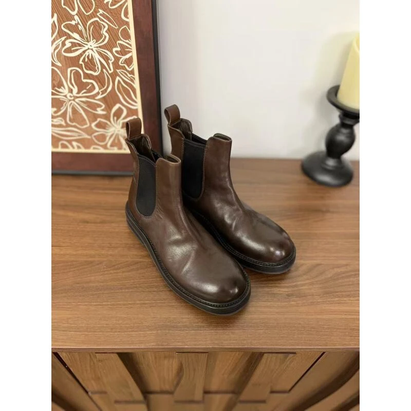 HOSAN复古切尔西短靴水洗女马皮做旧马丁靴厚底真皮英伦风烟筒靴