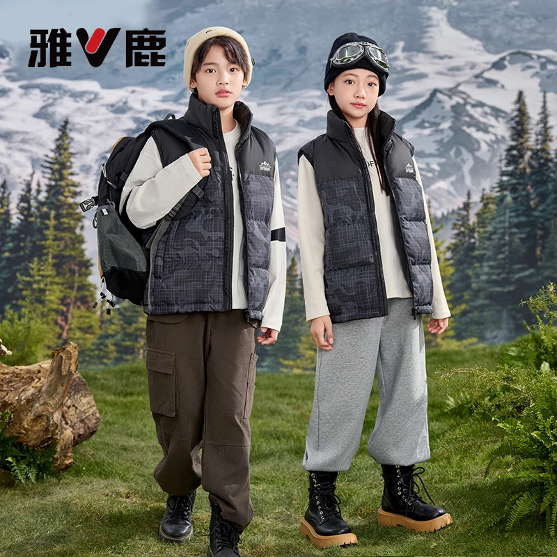 雅鹿儿童羽绒马甲男童女童冬季中大童休闲坎肩加厚迷彩羽绒背心