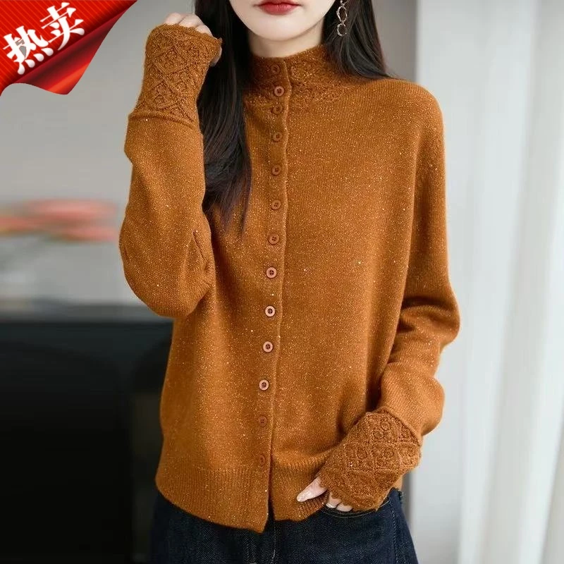 【羊毛】正品秋冬半高领花边银丝珠片针织衫优雅开衫纯色保暖女毛衣