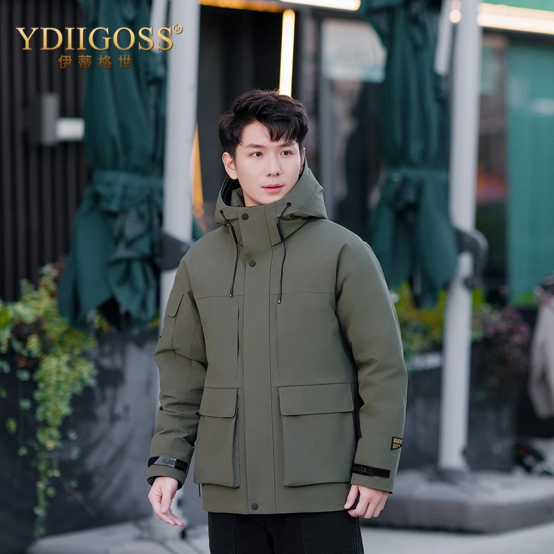 YDIIGOSS男士户外工装羽绒服青年时尚休闲加厚保暖连帽外套男2025
