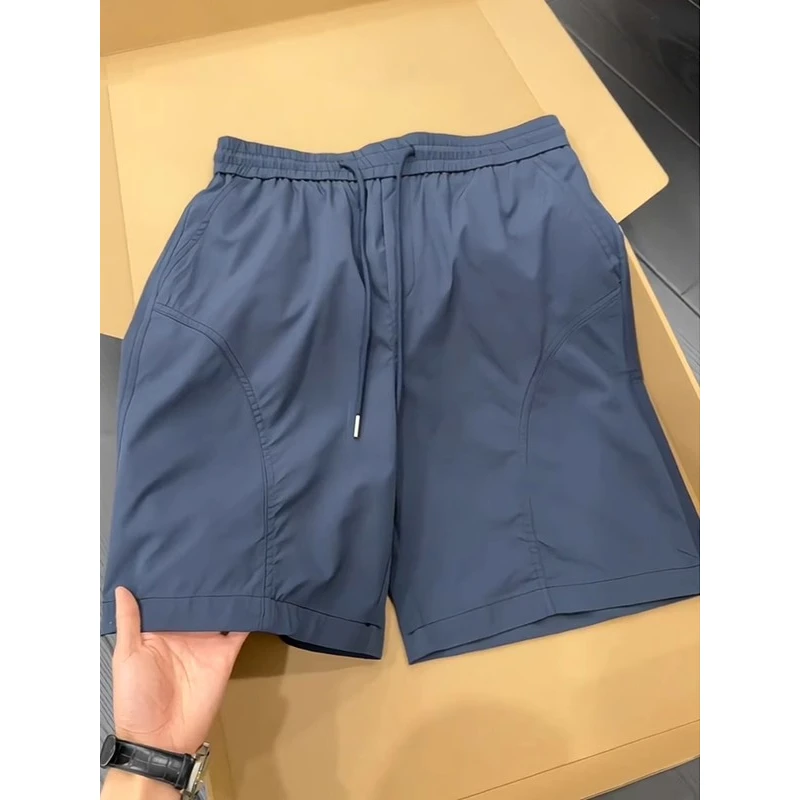 藏青色速干短裤男款夏季冰丝凉感中裤美式斜切篮球运动四分裤子