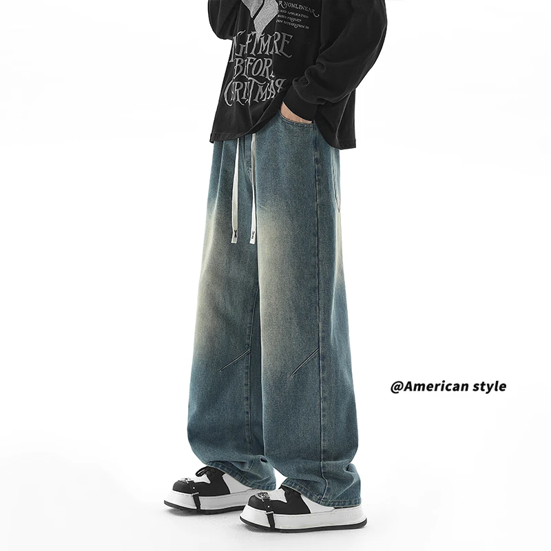 复古宽松大码做旧水洗牛仔裤男美式潮流休闲阔腿裤高街百搭直筒裤