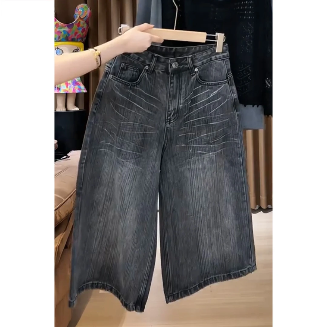 艾塔莉早秋女新款宽松牛仔裤时尚水洗大码阔腿裤休闲风七分裤百搭