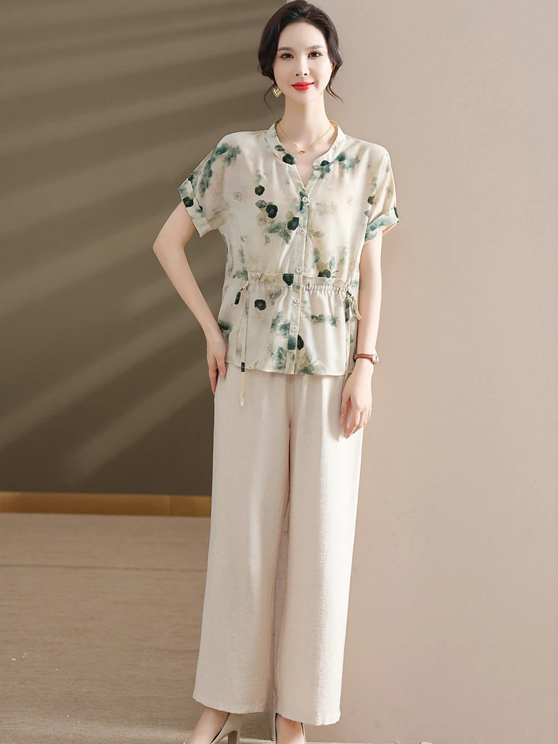 洋气女装两件套夏季新款衬衫中年气质透气妈妈装大码套装显瘦时尚