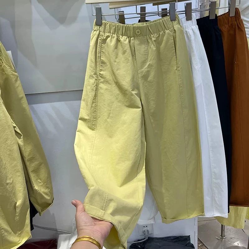 大码显瘦松紧高腰休闲直筒裤女薄款九分裤2025夏季宽松哈伦裤058