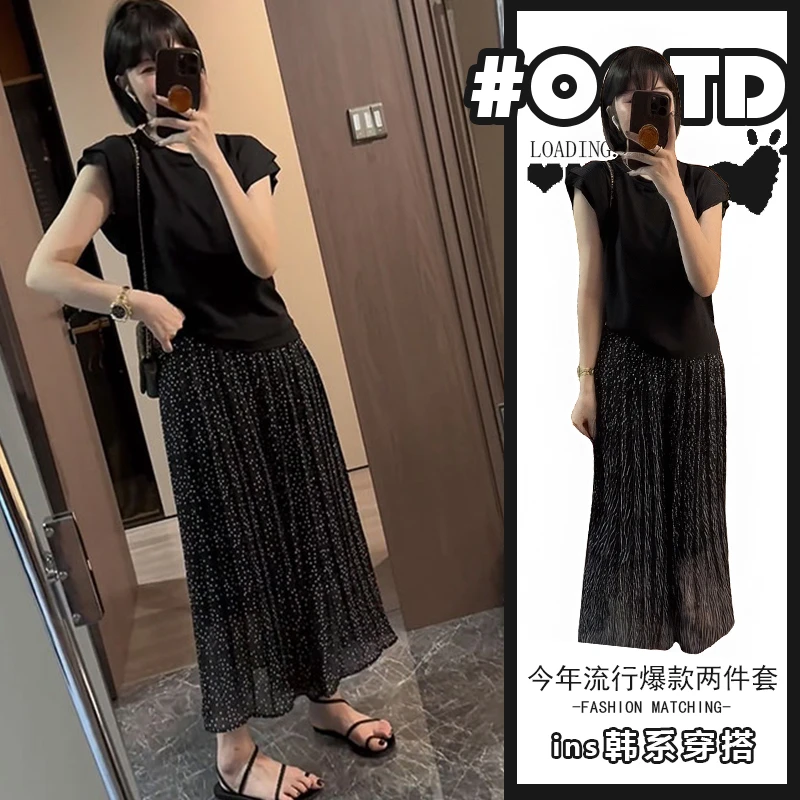 高级感洋气波点印花薄款阔腿裤夏季高腰宽松休闲短袖两件套女