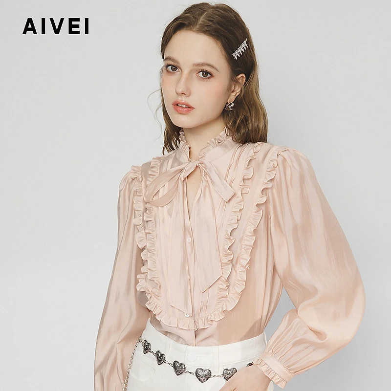 AIVEI欣贺艾薇2025春季法式宫廷淑女风荷叶边莱赛尔衬衫S710903A