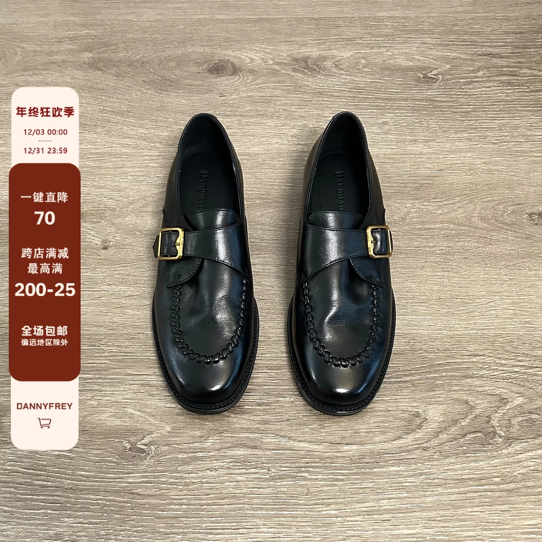 Dannyfrey英伦风头层牛皮复古金属扣女百搭休闲一脚蹬乐福鞋3.5CM